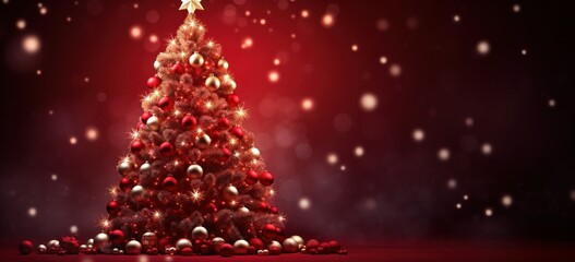 Rich red Christmas tree with glowing bokeh lights. Concept of magical holiday scene.