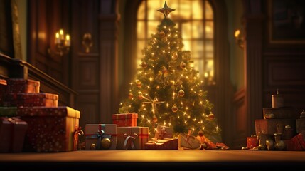 Naklejka na ściany i meble Christmas tree with christmas lights