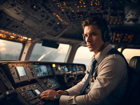 Man pilot in an airplane cabin getting ready for a flight.