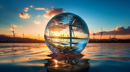 Glass globe floating above a serene ocean at sunset, with wind turbines and solar panels visible on the horizon, symbolizing the beauty of marine and solar energy
