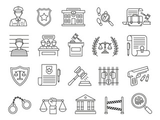 Law and judgment icons. Policeman and convicted felon, police office and court building, scales of justice and judges gavel vector symbols set