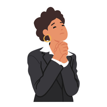 Adult Woman Bows With Closed Eyes, Hands Clasped In Prayer, A Serene Expression On Her Face, Vector Illustration