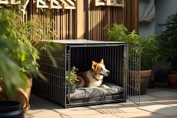 Rolgordijnen Medium sized metal dog crate in the garden, outside. Sunny day. Beautiful dog sitting in the pet cage.  © SnowElf