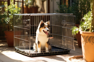 Medium sized metal dog crate in the garden, outside. Sunny day. Beautiful dog sitting in the pet...
