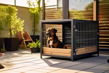 Medium sized metal dog crate in the garden, outside. Sunny day. Beautiful dog sitting in the pet cage.
 - obrazy, fototapety, plakaty