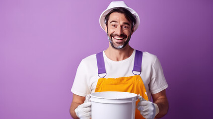 Happy man builder, painter smile and hold a bucket with a primer or paint isolated on flat color studio background with copy space.
 - obrazy, fototapety, plakaty