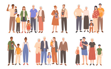 Cartoon family. Couples of parents with happy kids and grandparents, full family portrait vector illustration set