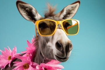 Playful Donkey with Sunglasses: Bright Pastel Animal Illustration for Cards and Banners