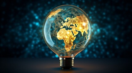 Produce an image of a glass globe with a glowing filament made of interconnected renewable energy symbols, symbolizing the interdependence of clean power sources