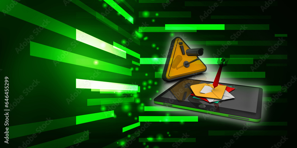 Poster 3d rendering envelope network with mobile phone under cctv camera