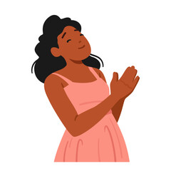 Black Young Female Character Praise. Woman with Closed Eyes And Clasped Hands In A Serene Pose, Vector Illustration