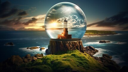 An image of a glass globe inside an elegant, energy-efficient lighthouse, illuminating a rugged coastline and symbolizing the role of green energy in navigation