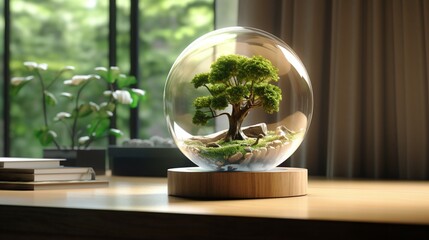 An image of a glass globe incorporated into a minimalist, eco-friendly home interior, showcasing the elegance of sustainable design
