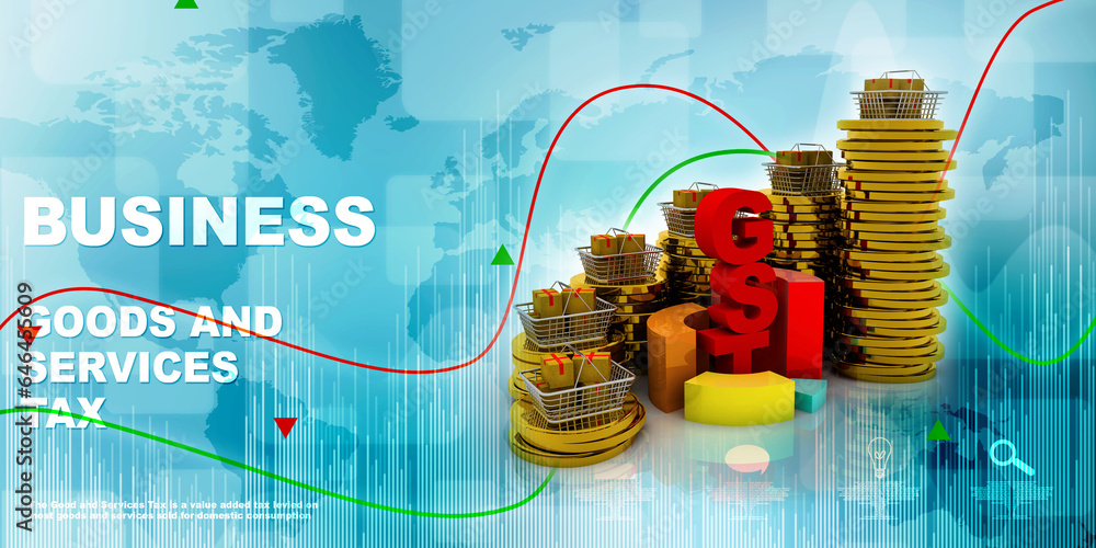 Poster 3d rendering cardboard boxes on basket with gold coin with gst
