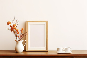 Empty wooden picture frame mockup on beige wall background. Boho style, vase with dry flowers and coffee cup on table. Autumn soft style.

