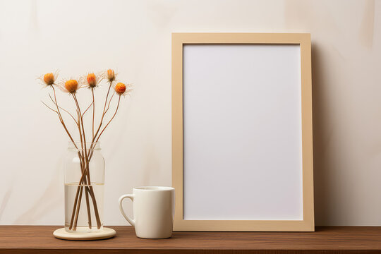 Empty wooden picture frame mockup on pastel beige wall background. Boho style, vase with dry flowers and coffee cup on table. Autumn soft style.
