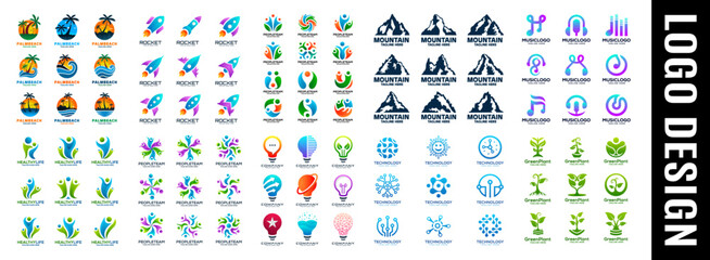 Mega logos collection. Bundle Logo Collection, palm beach, rocket, people team, mountain, music, healthy life, bulb, technology, Green plant,  100  logo design