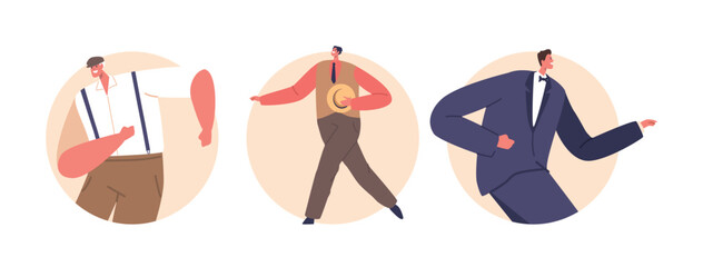 Isolated Round Icons Or Avatars With Retro Men Dance Embodies The Charm Of Bygone Eras, With Suave Moves