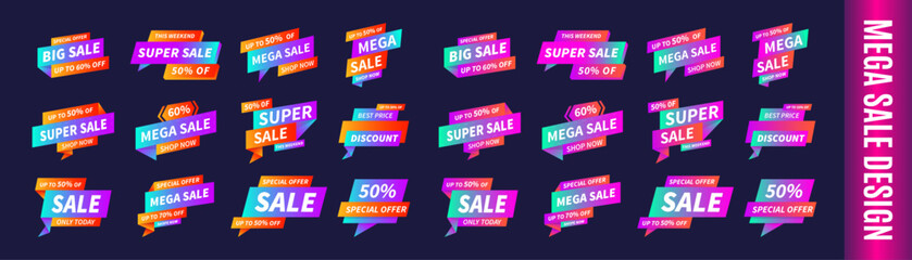 Mega sale collection, Sale tags Design, best price, mega sale banner set. Sticker, badge, coupon, store., Special offer, big sale, super, super discount, Shop or online shopping. Super sale Design