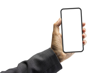Businessman holding smartphone, white blank screen isolated on transparency background