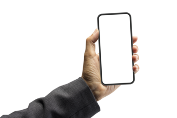 Businessman holding smartphone, white blank screen isolated on transparency background