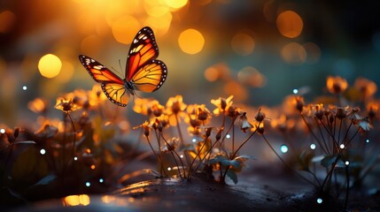 Fototapety  flowers and butterflies sunrise orange bokeh background