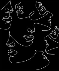Continuous line, drawing of faces, fashion minimalist concept, vector illustration. Modern fashionable pattern. Glamour one line drawing women faces seamless pattern.
