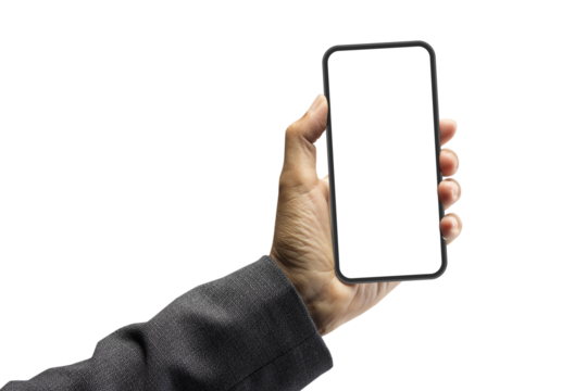 Businessman holding smartphone, white blank screen isolated on transparency background