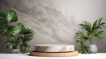 Product Launch Presentation: Stand on Wooden Podium, Marble Background, Wooden podium, Marble background, Leaves,