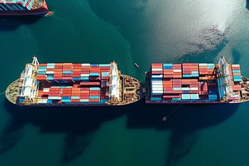 Aerial view of dual cargo ships maneuvering at a harbor, handling import and export operations with containers for shipping and logistics. Generative AI - obrazy, fototapety, plakaty