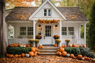 Poster Cute and cozy cottage house with fall decorations pumpkins for Halloween © Denis