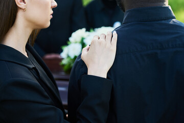 Close-up of young supporting woman consoling her grieving friend wearing mourning clothes at...