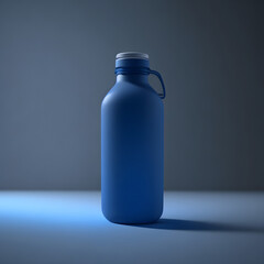 A minimalist composition featuring the translucent forest blue glass water bottle on a clean, white surface with dark lighting, highlighting the sleek design and the protective sleeve.