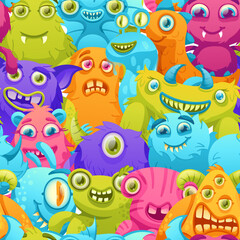 Cartoon monsters pattern. Funny crowd of colorful aliens, monster creatures seamless vector background illustration