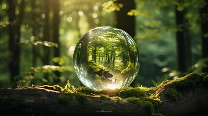 Obraz na płótnie Canvas Glass globe emitting a warm, inviting light in a tranquil forest clearing, symbolizing the peacefulness of sustainable illumination