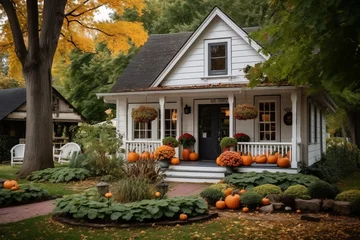  Cute and cozy cottage house with fall decorations pumpkins for Halloween © Denis