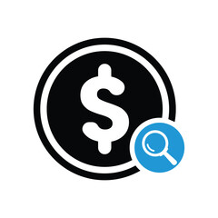 Finance icon with research sign. Finance icon and explore, find, inspect symbol. Vector icon
