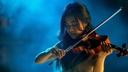 Fototapeta premium A young Asian woman playing violin on stage. Musical concept. telephoto lens realistic dark lighting generative ai