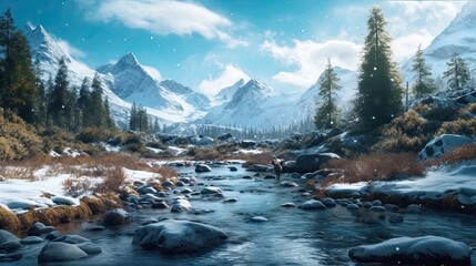 Creek in a Snowy Valley, Generative AI Illustration