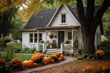 Fototapeten Cute and cozy cottage house with fall decorations pumpkins for Halloween © Denis