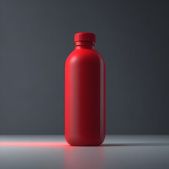 A minimalist composition featuring the translucent red glass water bottle on a clean, white surface with dark lighting, highlighting the sleek design and the protective sleeve.