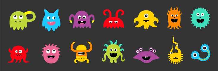 Happy Halloween. Monster colorful silhouette set. Cute cartoon kawaii scary funny children's character. Flat design.  Vector illustration.