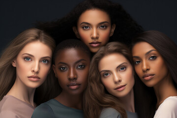 Fototapeta premium Generative AI portrait group of attractive female fashion models amazing appearance skin all races tones ethnicity