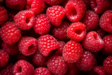 Close up photography of delicious juicy sweet garden pink raspberries with water droplets...