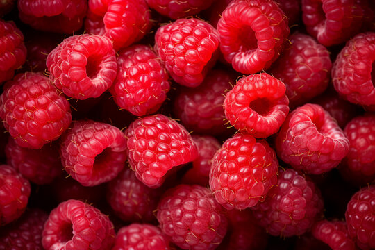 Close up photography of delicious juicy sweet garden pink raspberries with water droplets generative AI concept