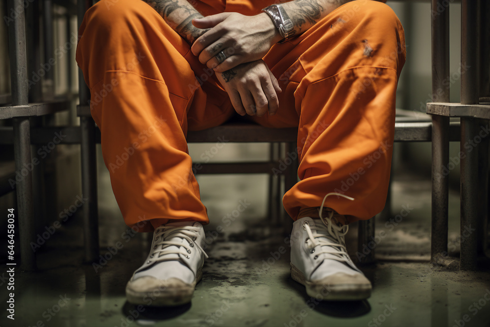 Poster close up image of a person sitting in jail criminal behind bars in prison generative ai