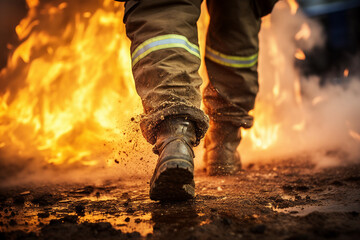Image generative AI photo of a male professional firefighter in dirty boots
