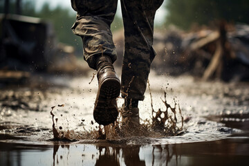 Made with generative AI close up image of a military male person running on rainy muddy battlefield ground