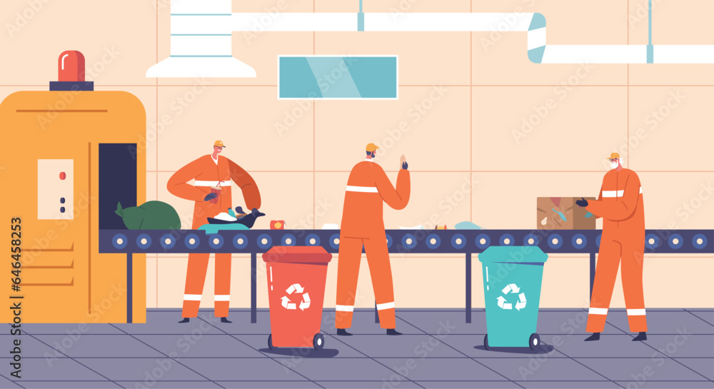 Poster characters labor on a garbage processing belt, sorting, separating and compressing waste materials f