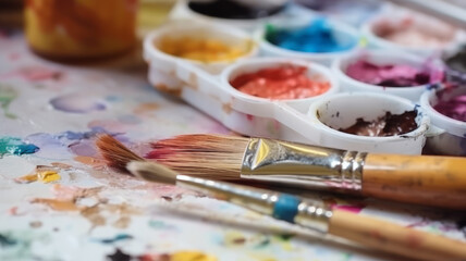 Obraz premium Set of watercolor paints and paintbrushes for painting closeup. Selective focus.generative ai